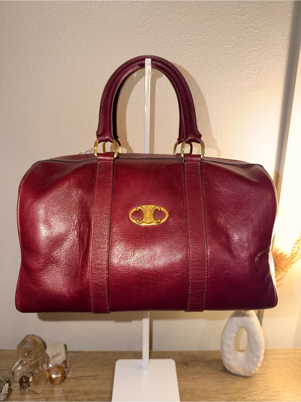Vintage Celine Deep Burgundy Leather Boston Style Handbag with Gold Hardware